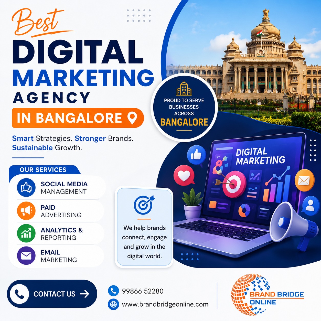 Best Digital Marketing Agency in Bangalore poster showcasing SEO services, social media marketing, paid advertising, analytics, email marketing, and digital branding solutions by Brand Bridge Online.