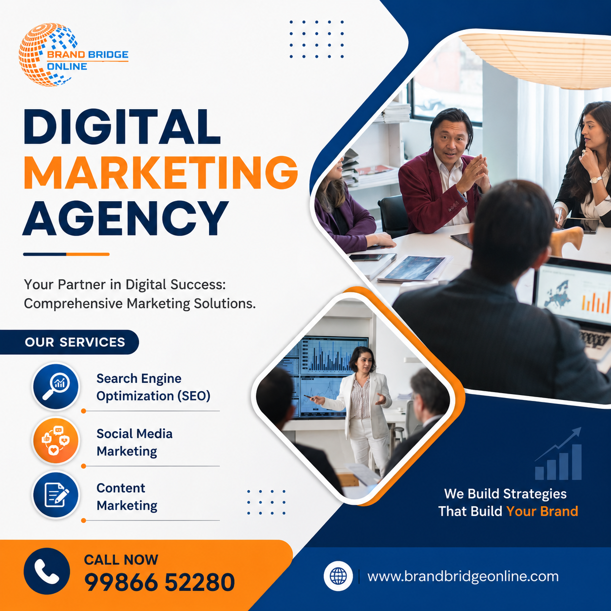 Professional digital marketing agency promotional banner by Brand Bridge Online featuring SEO, social media marketing, content marketing services, business meeting visuals, and contact information for online marketing services in Sayanagar Bangalore.